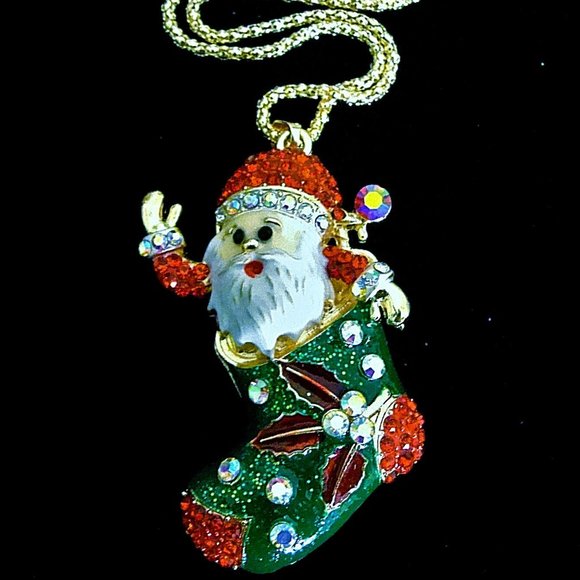 Jolly SANTA CLAUS Stocking Rhinestone Necklace - Picture 7 of 11